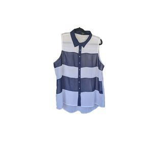 Toxik3 Blue and White Striped Collared Sheer Button-Closure Blouse in Size: 2X